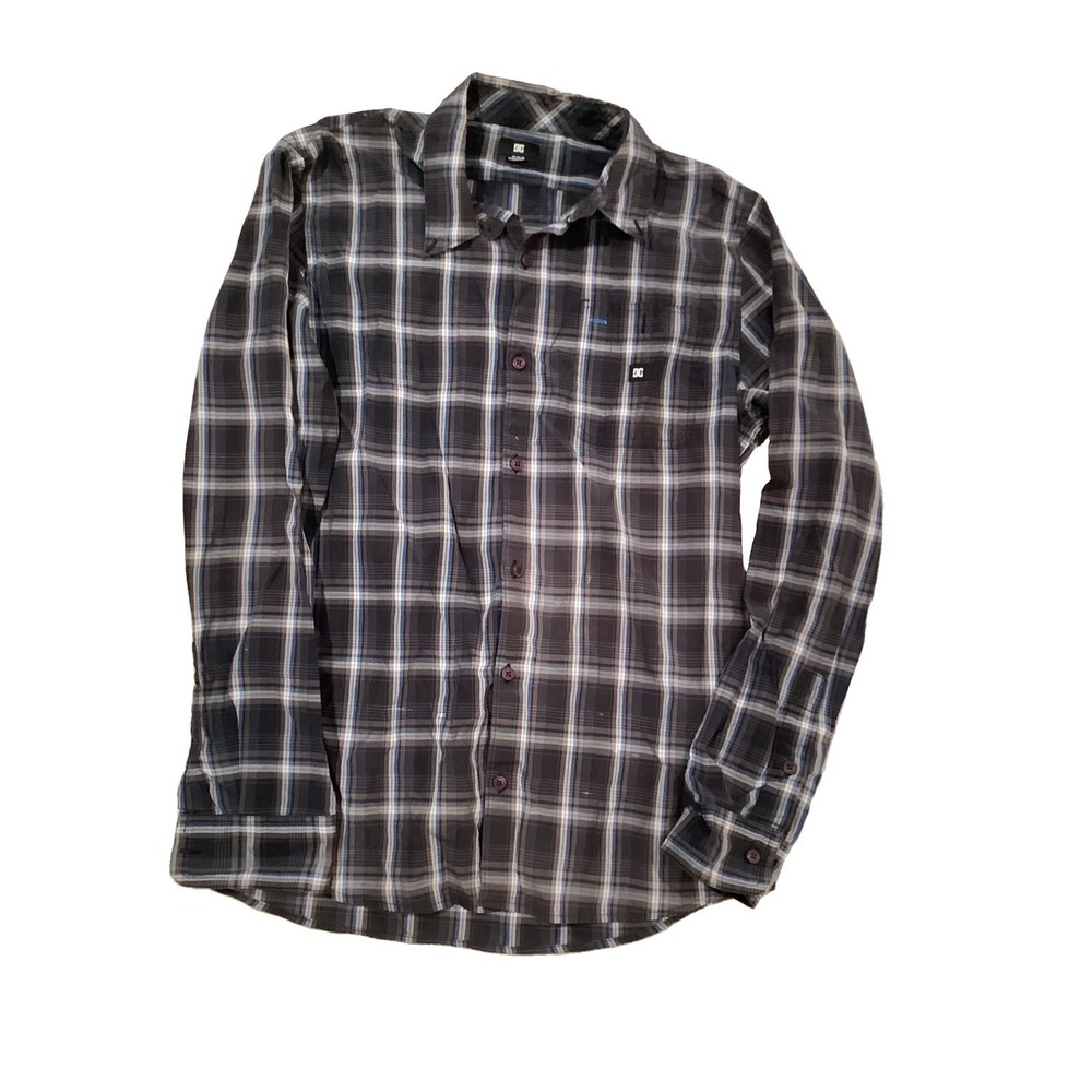 vintage dc shoes shirt Men's medium black blue gray button down long sleeve